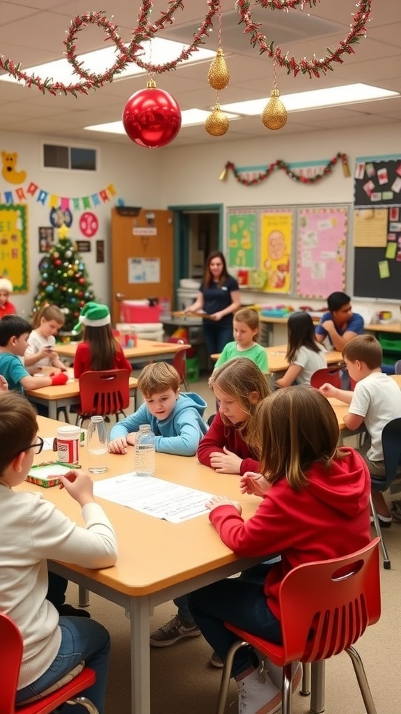 Children playing Christmas games in a festive classroom setting.